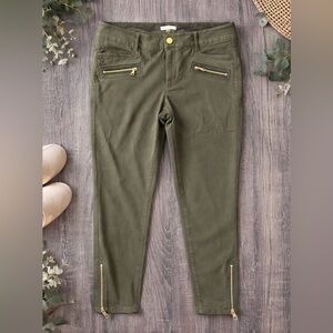 LOFT Olive Green Skinny Pants with Gold Zippers Accents | Size 14